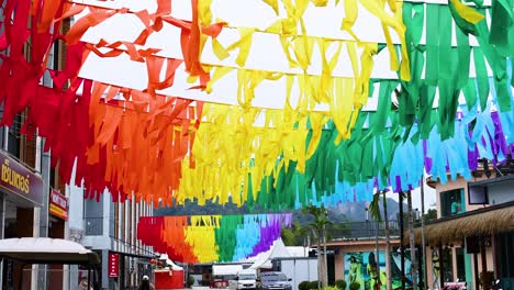 vibrant flags decorate a bustling street