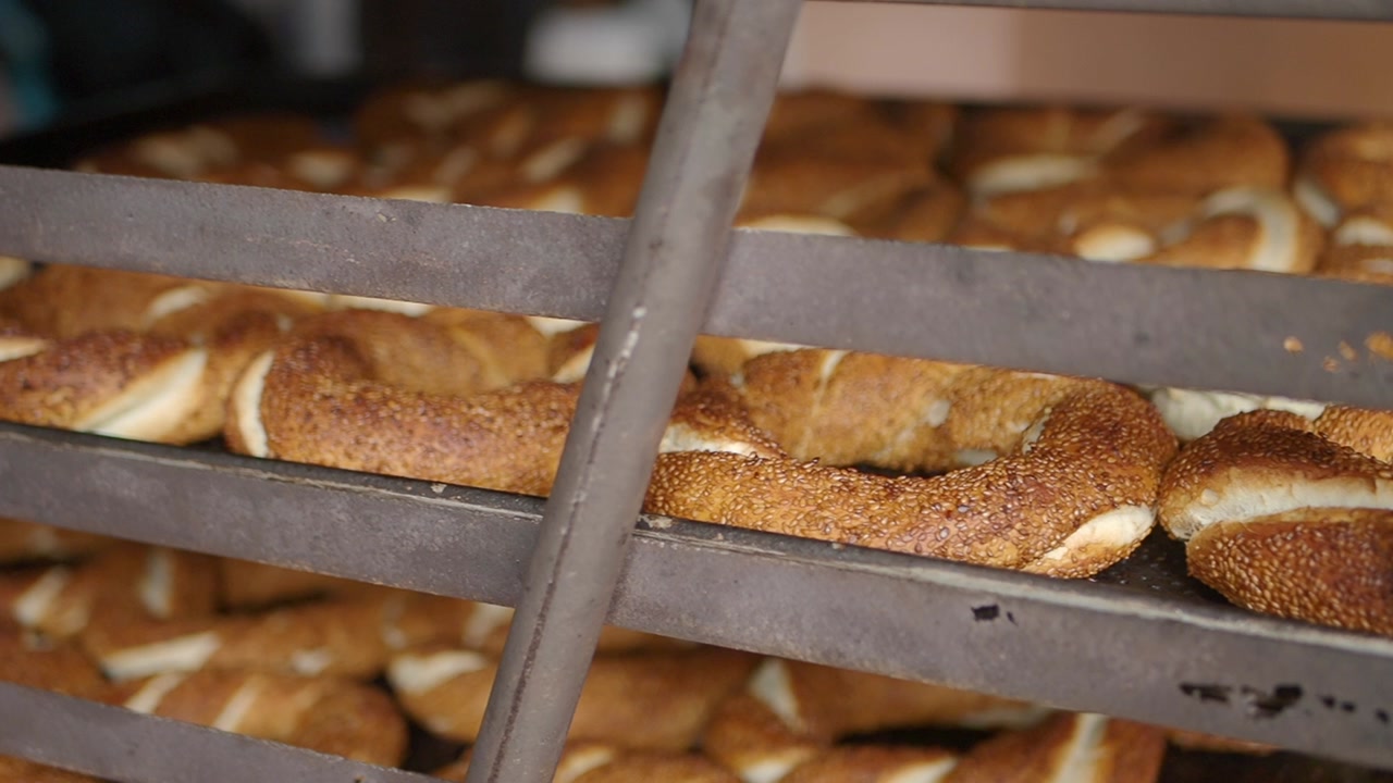 Freshly Baked Traditional Turkish Simit on Bakery Rack