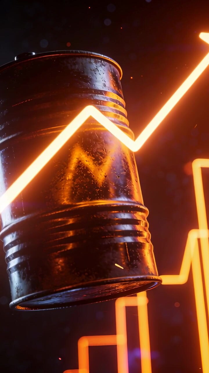 Metal oil drum rotating as rising neon chart crossing drum, casting glow and signaling energy surge
