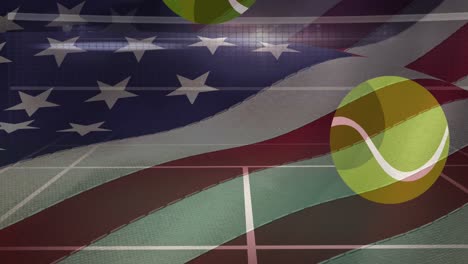 Schwenkende-Amerikanische-Flagge-über-Mehreren-Tennisbällen,-Die-Auf-Den-Tennisplatz-Fallen
