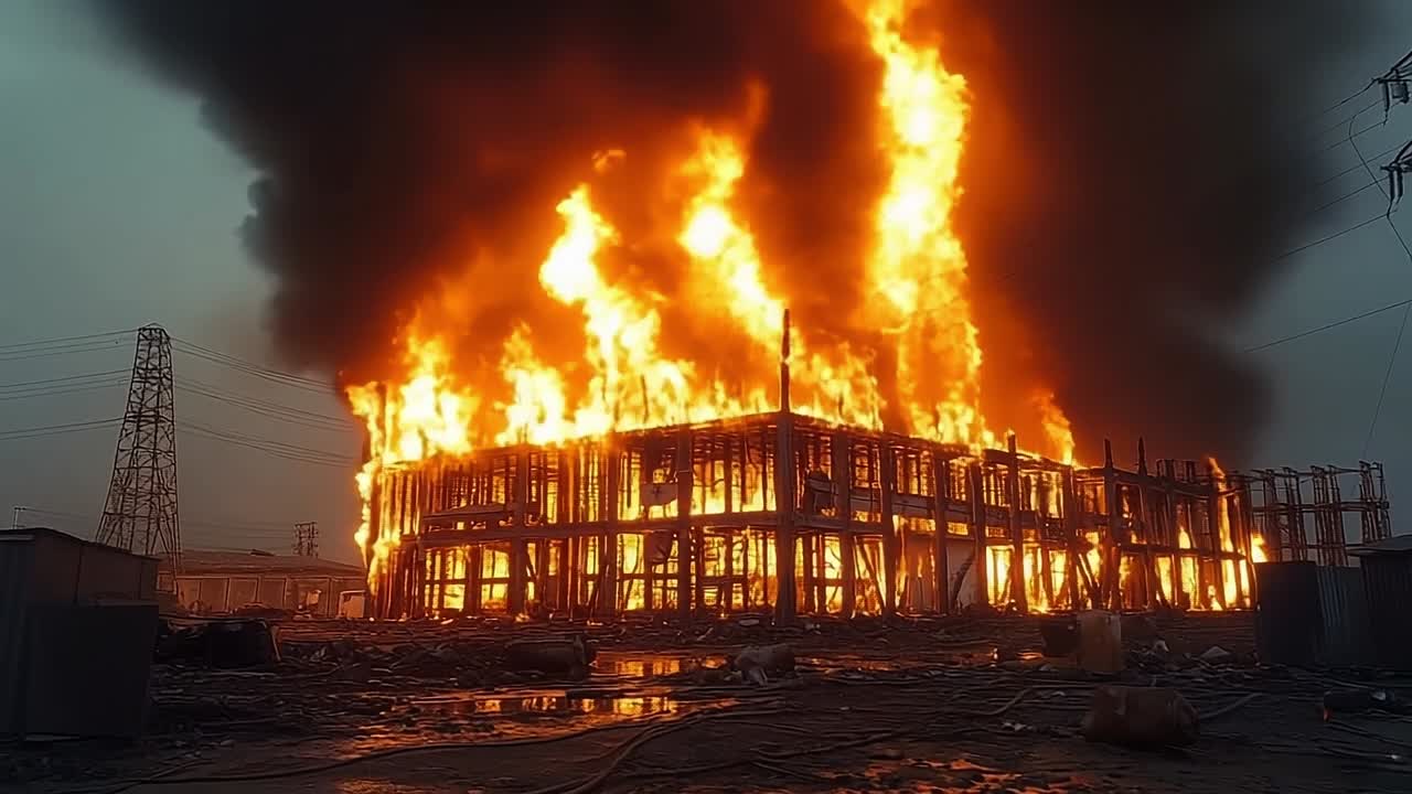 Massive fire engulfs industrial building. Flames and smoke billow from an industrial building, creating a dangerous fire situation nearby.