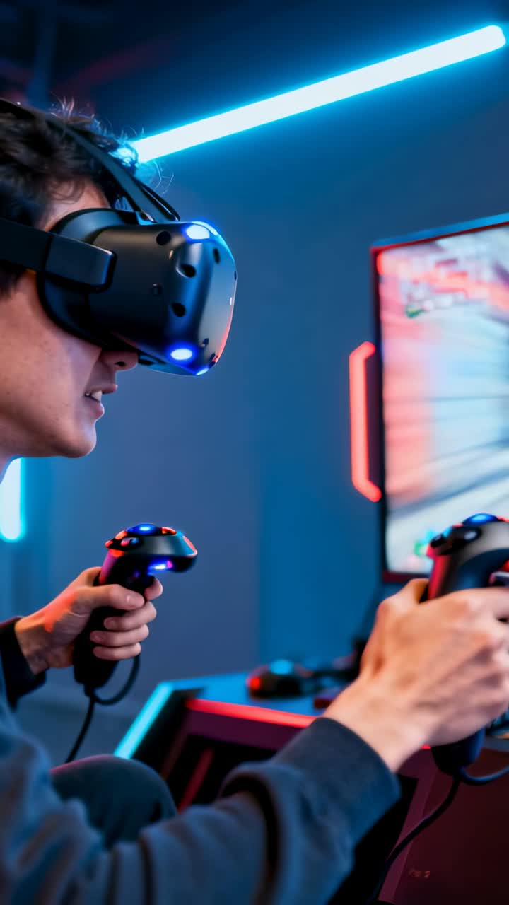 Vertical video: Leaning man in VR headset at desk moving wands to monitor reacting to fast game