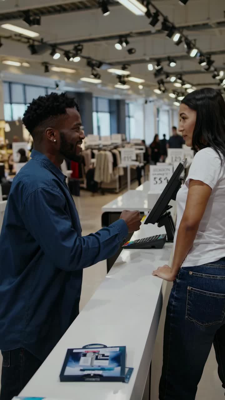 A friendly retail interaction captured in a mid-angle shot, showcasing customer service