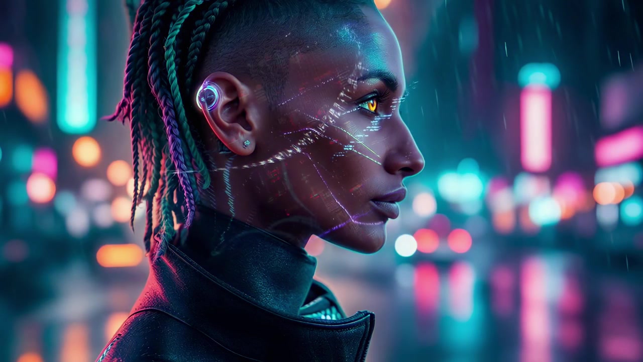 Cybernetic Woman with Glowing Digital Interface in Neon City