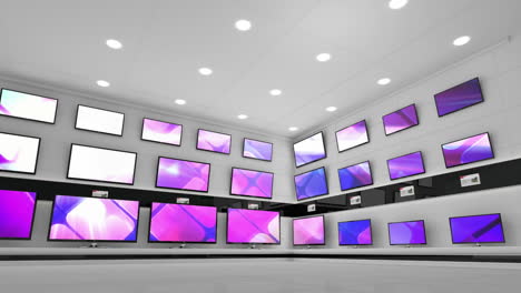 interior of electronics store with synchronized video playing on screens of multiple televisions