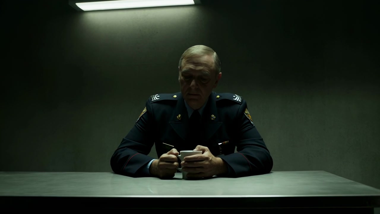 Uomo seduto in uniforme scura formale tiene le mani unite sul tavolo mentre muove sottilmente le dita, inquadrato frontalmente in una stanza in penombra illuminata da un'unica luminosa plafoniera.