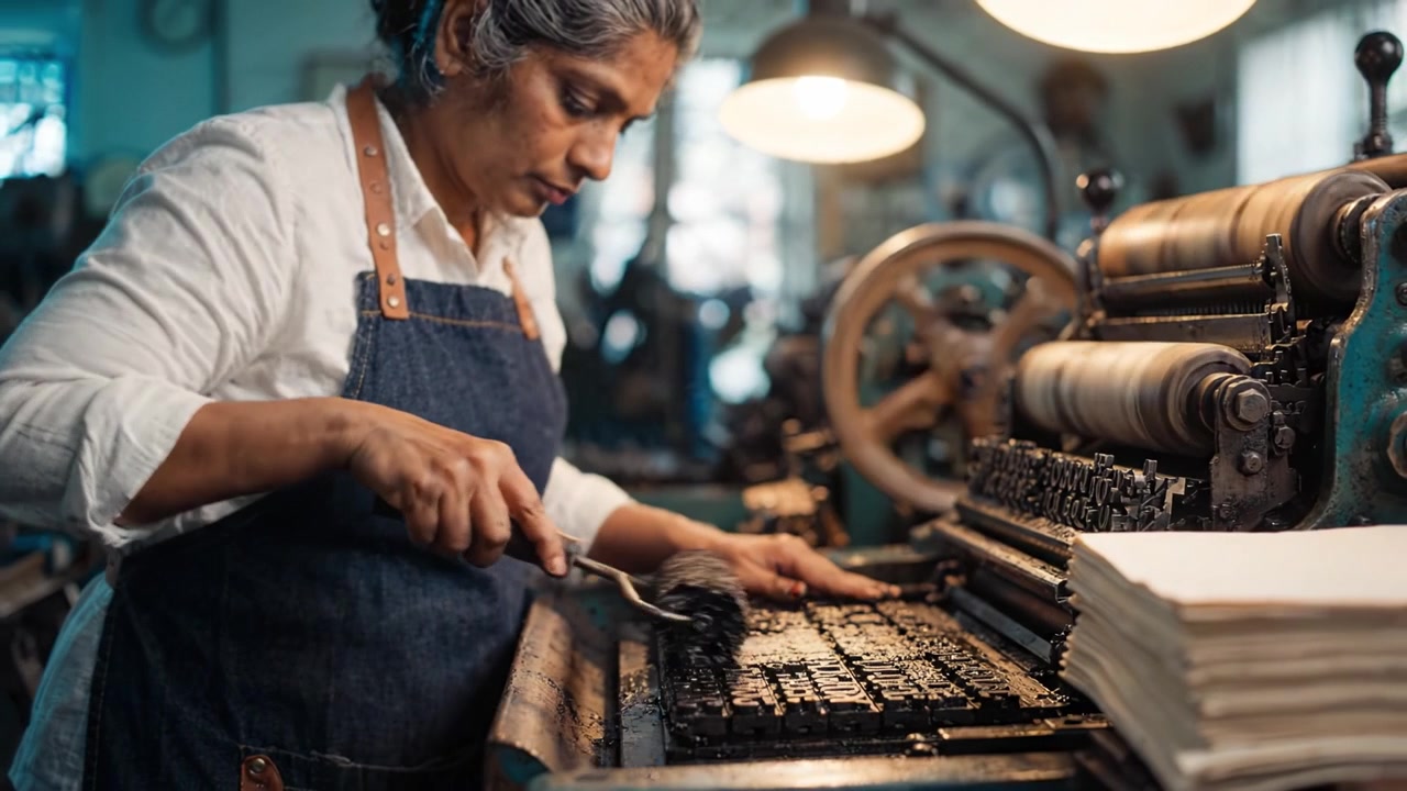 Handwerklicher Druckprozess: Eine erfahrene Frau bedient eine historische Druckmaschine in einer Werkstattumgebung und demonstriert Handwerkskunst und Liebe zum Detail in der Typografie.