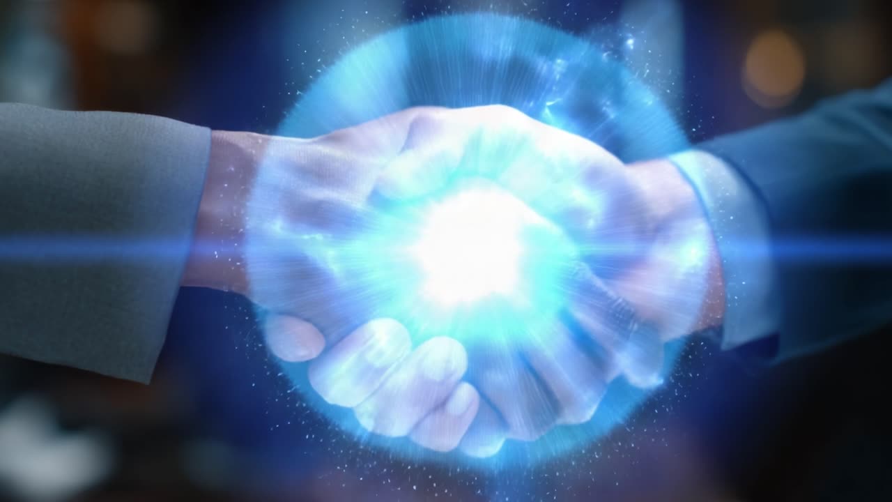 A Dynamic Handshake Signifying Unity and Collaboration Between Different Cultures, Empowering Change and Innovation with Symbolic Cosmic Energy