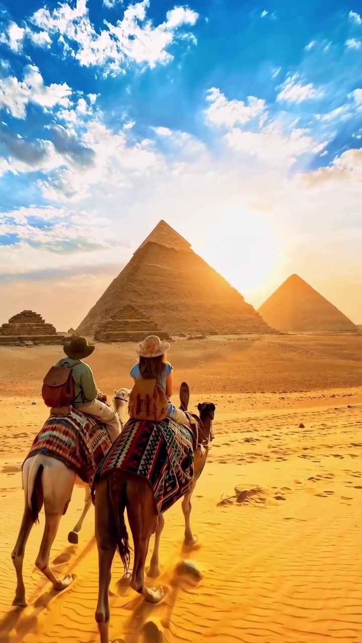 Casal Andando de Camelos em Direção às Grandes Pirâmides de Gizé ao Pôr do Sol