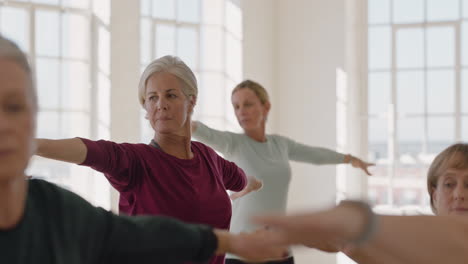 yoga class of healthy mature women practicing warrior pose enjoying morning physical fitness workout in studio