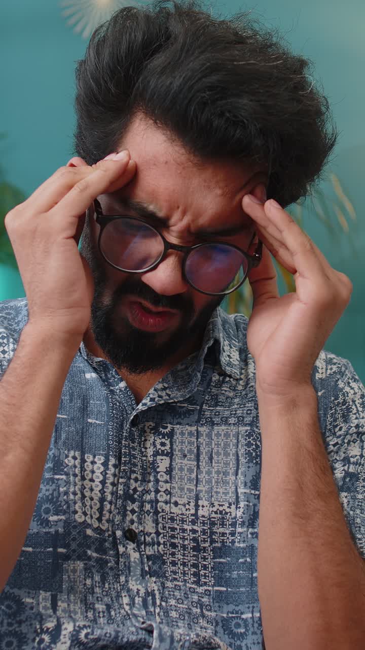 Displeased indian man rubbing temples to cure headache problem suffering from migraine stress