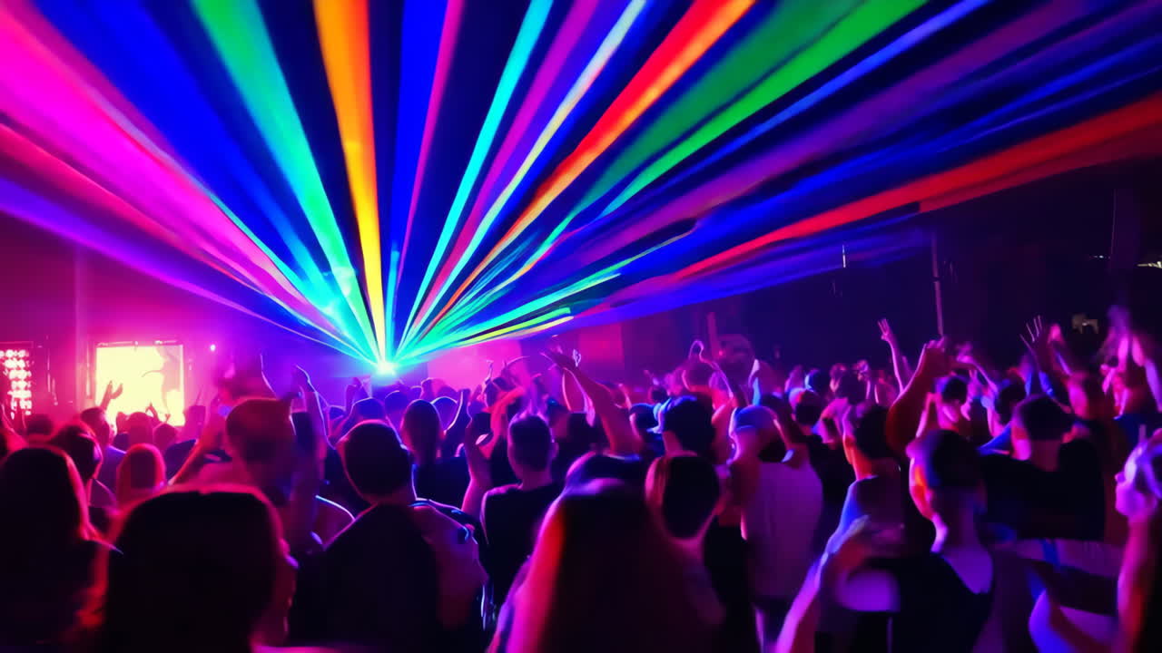 Folla vibrante a un concerto con spettacolo laser