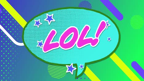 Animation-of-lol-text-over-abstract-shapes-on-blue-and-green-background