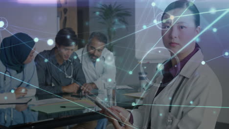 collaborating in office, medical professionals with network connections animation overlay