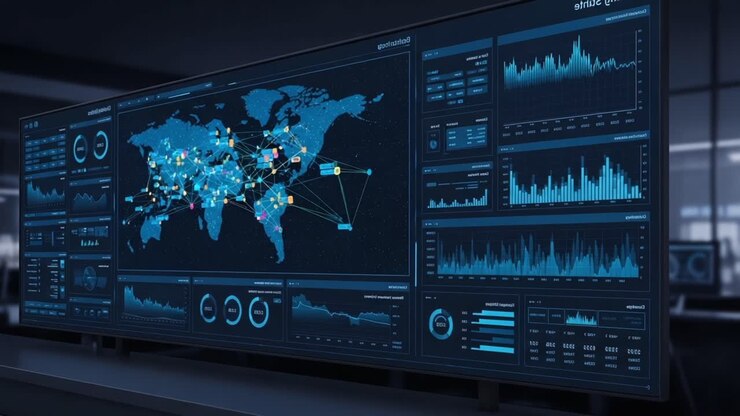 Advanced Data Visualization Dashboard Displaying Global Network Connections and Analytics Metrics with Interactive Charts and Graphs in a High-Tech Environment