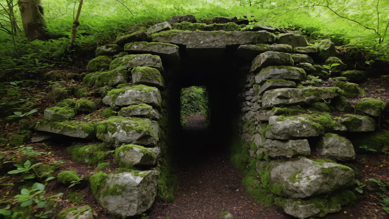 Mysterious Moss-Covered Stone Archway in a Lush Green Forest