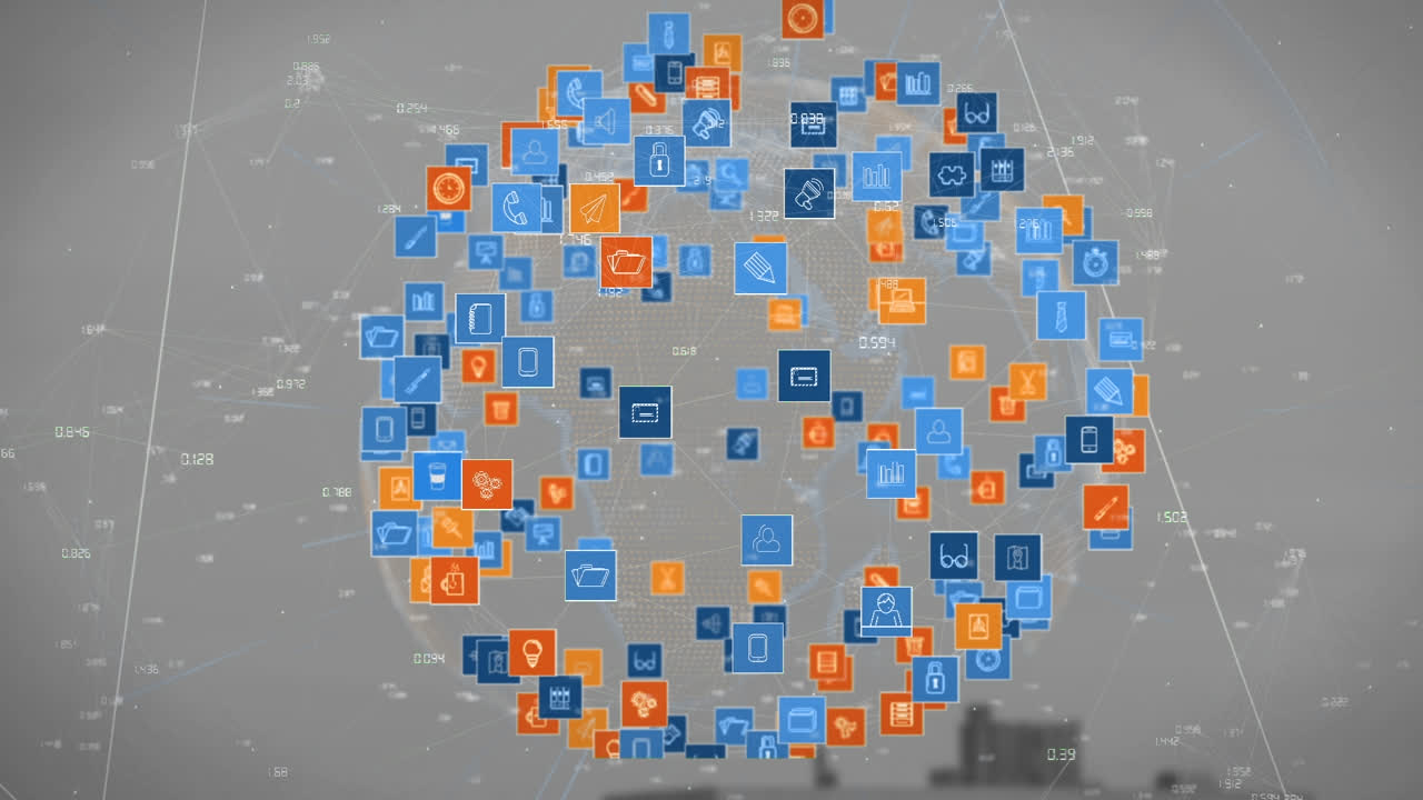 animación del globo con red de conexiones con íconos y paisaje urbano