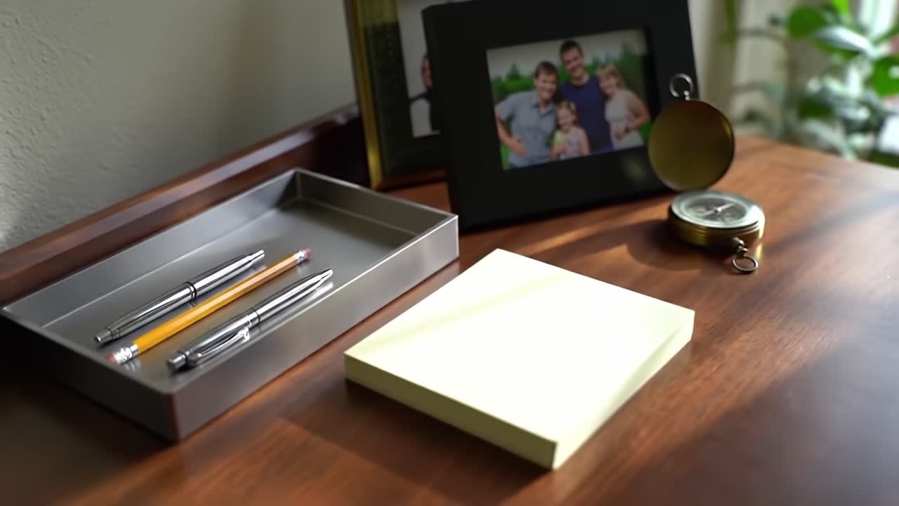 A Tranquil Workspace Scene Featuring Organized Stationery Items Including Pens and a Notepad Surrounded by Personal Touches and Natural Lighting