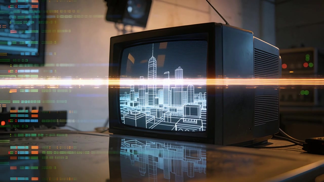 Ripresa panoramica che rivela un televisore CRT vintage che mostra una città in wireframe su un banco da studio, mettendo in risalto le linee di scansione