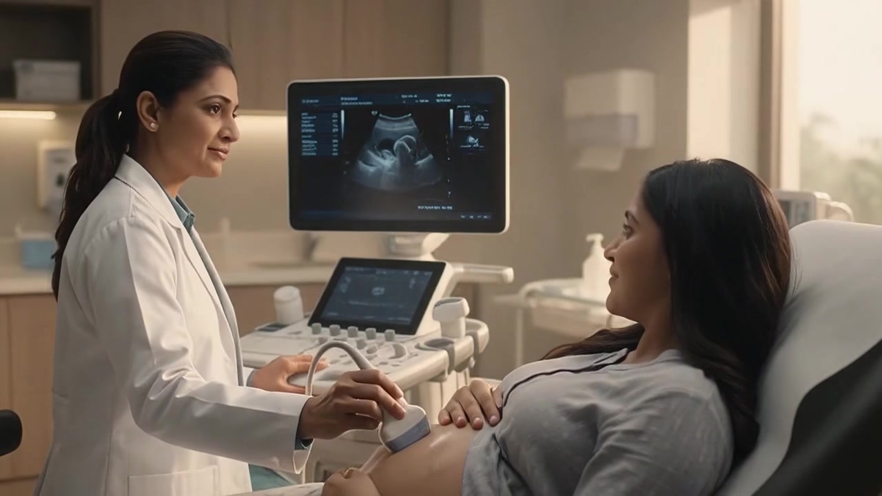 Doctor Performing Ultrasound Scan for Pregnant Woman in Clinic
