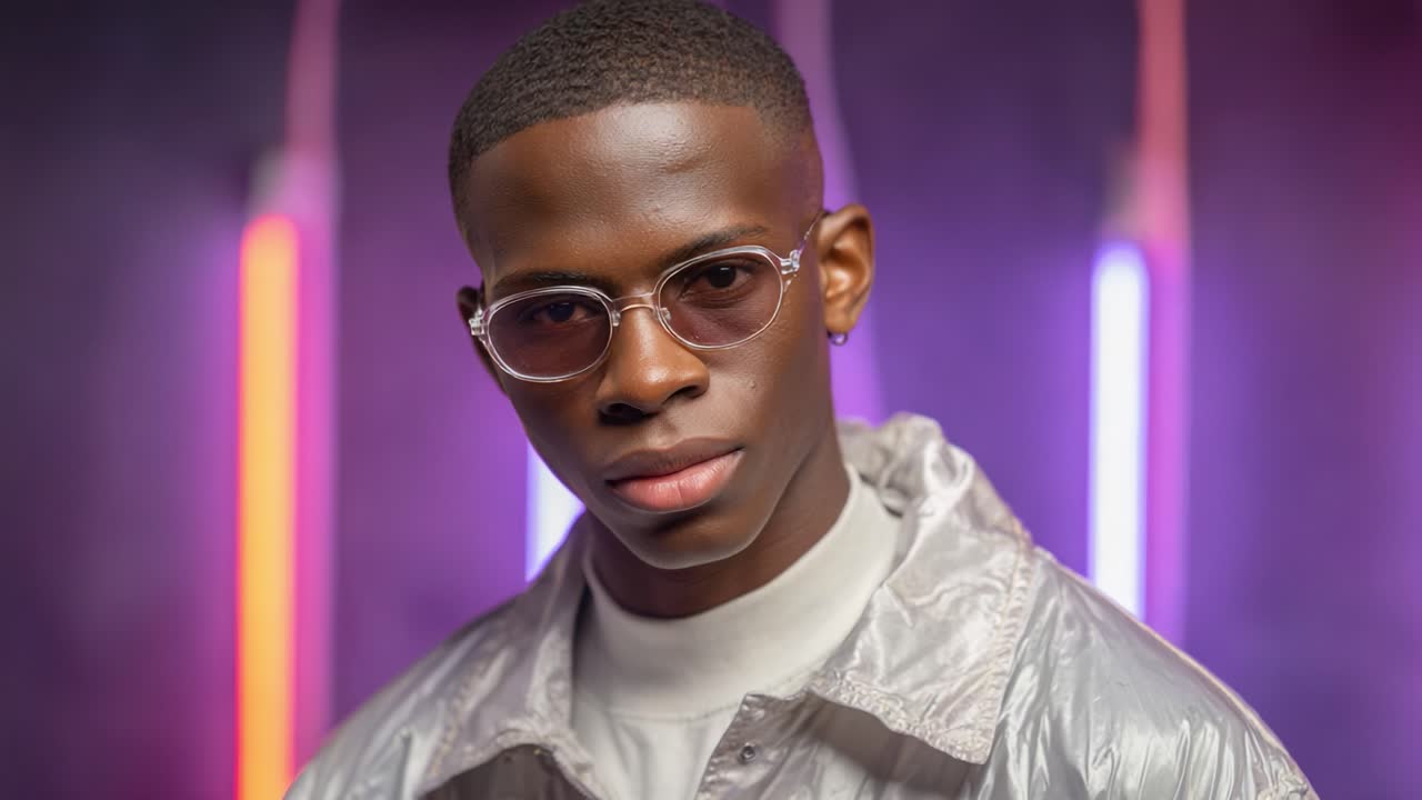 Opvallend portret van een stijlvolle jonge man in moderne kleding met een unieke bril tegen een levendige neonachtergrond, waarbij de nadruk ligt op hedendaagse mode en houding