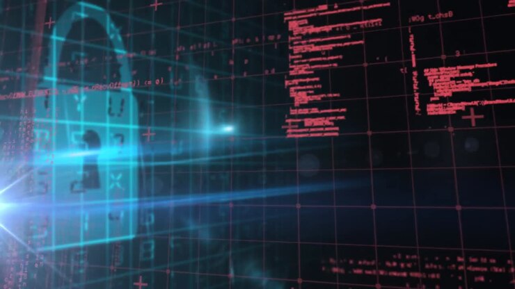 Video di lucchetto e interfaccia digitale su sfondo scuro.