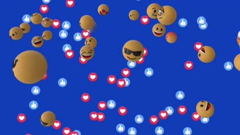 Animation-Von-3D-Emoticons-über-Schwebendem-Symbol-In-Kreisen-Vor-Blauem-Hintergrund