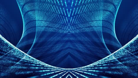 sci-fi abstract theme with particle mirror waves. 4k looped abstract blue background of glow particles form curved lines, surfaces simmetrical structures. digital bg with particle hologram.