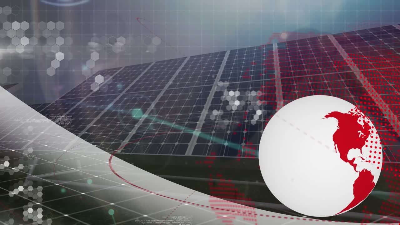 Animazione di globo e connessioni su pannelli solari