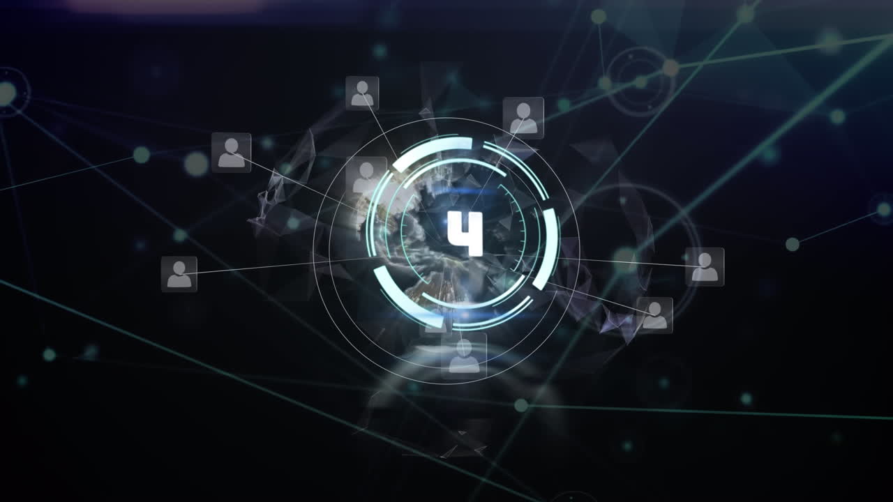 animación de la red de conexiones con cuenta atrás y globo sobre fondo azul