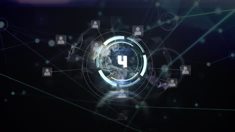 animation of network of connections with countdown and globe on blue background