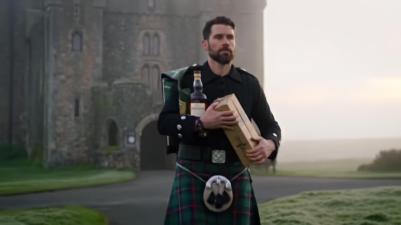 A man in traditional Scottish attire, confidently carrying a box and bottles, stands majestically against a backdrop of a historic castle, embodying heritage and celebration