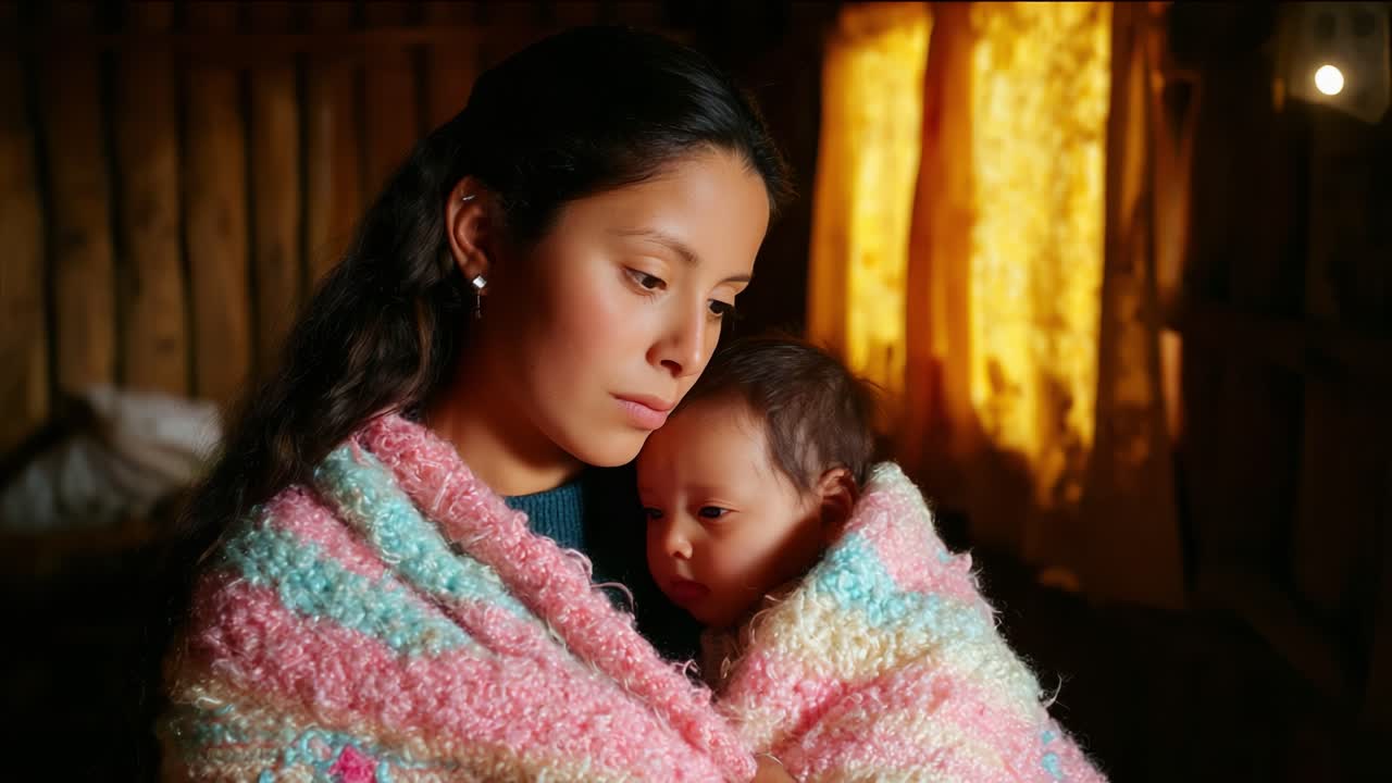 A mother holds her infant child tenderly in a warm embrace, draped in colorful shawls, capturing a moment of intimate connection and serenity within a softly lit rustic room