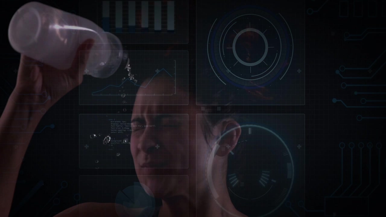 Fitness woman overheating lifting and tilting bottle, pouring droplets onto face while HUD updating