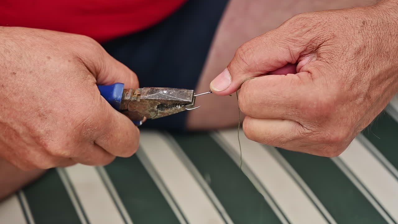 Close up of a man's hands as he carefully ties a fishing hook using pliers and wire