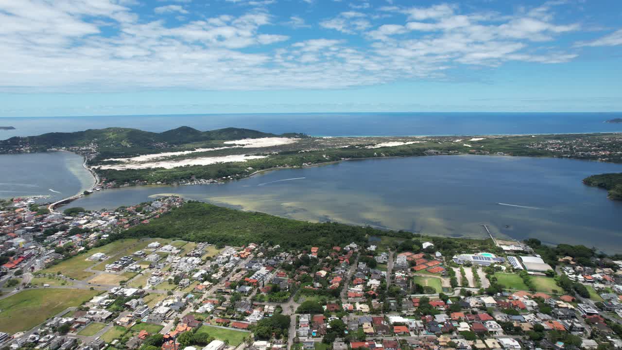 sideways movement with drone showing the beautiful landscape on the island of Santa Catarina, southern Brazil, sunny day, magical light