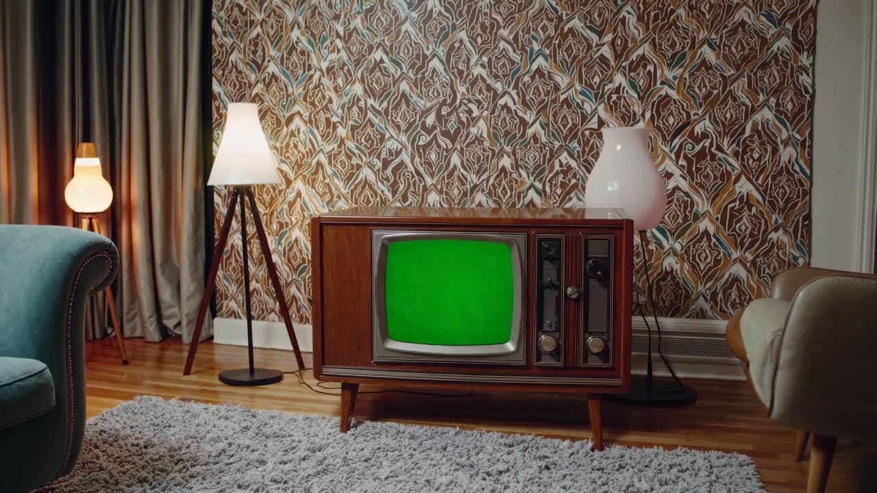 Retro living room with vintage TV displaying a green screen video