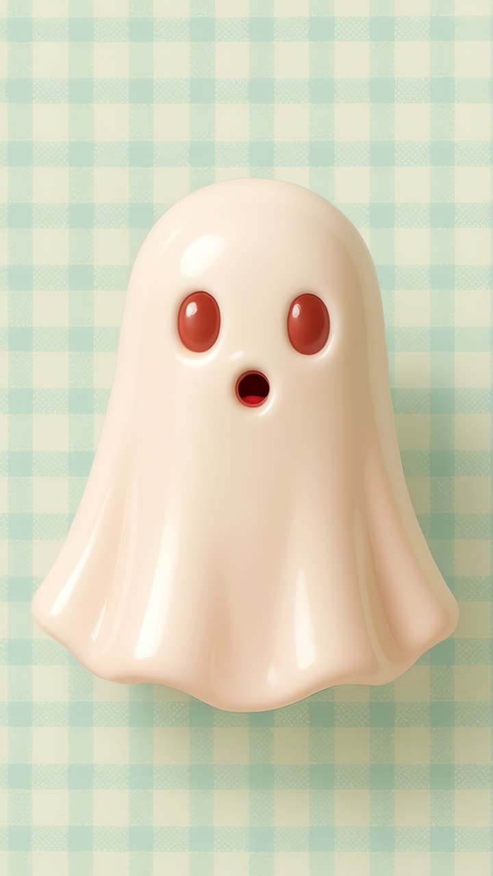 3D-rendered cute ghost character with glossy finish on a checkered background