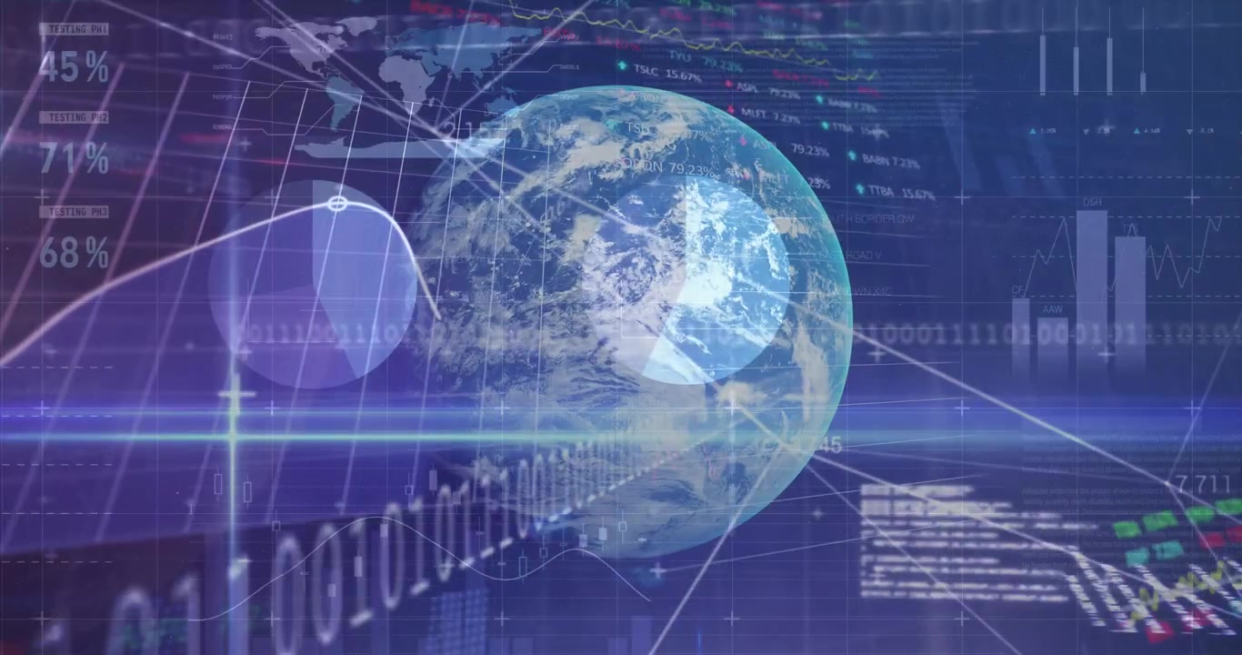 Animation of digital data over globe and grid