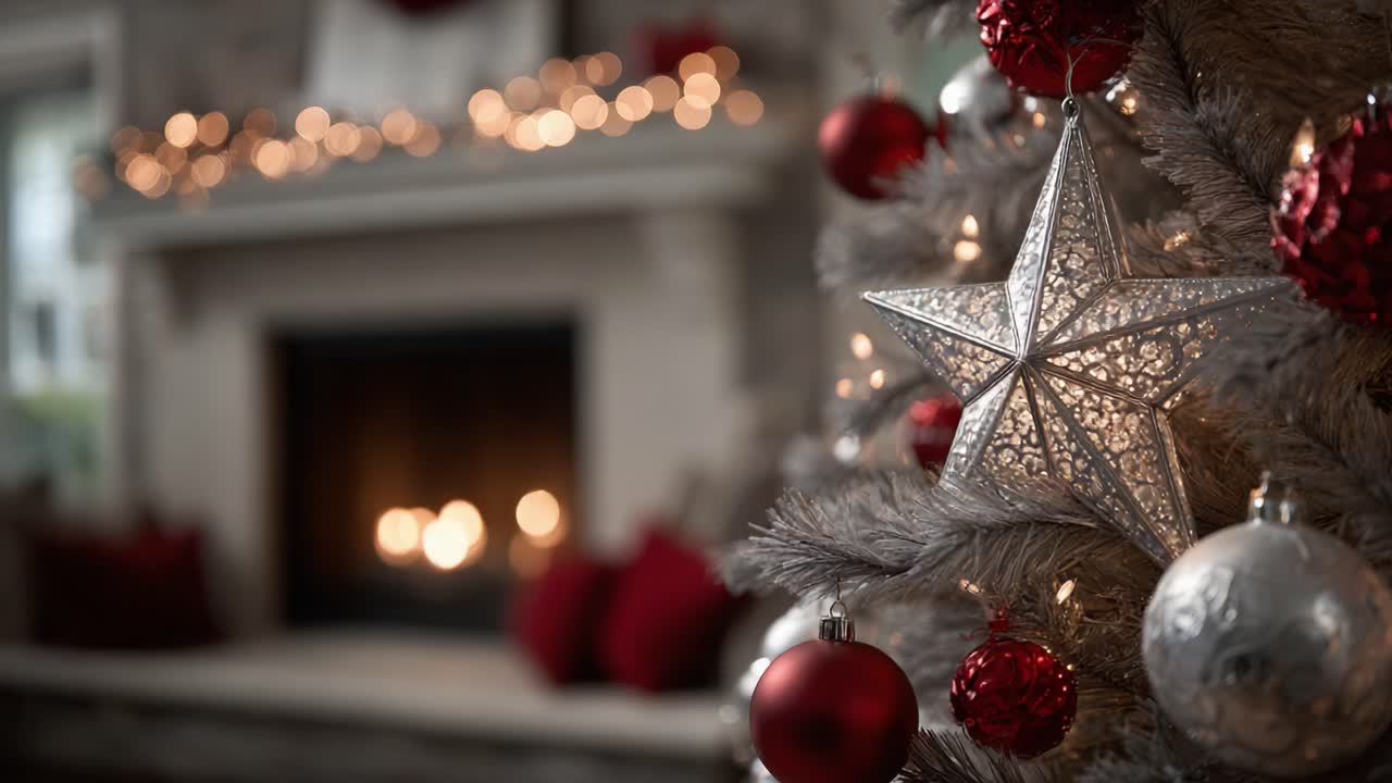 Un’accogliente scena natalizia che mette in risalto un albero decorato in modo stupendo con ornamenti scintillanti e un caminetto sullo sfondo, creando una calda atmosfera festiva