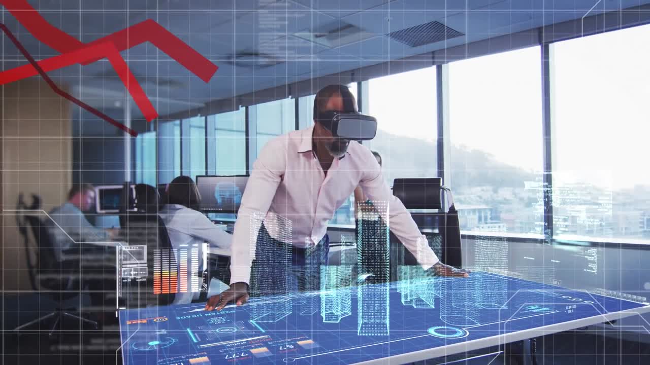 Animation of red lines and data processing on grid over businessman using vr headset