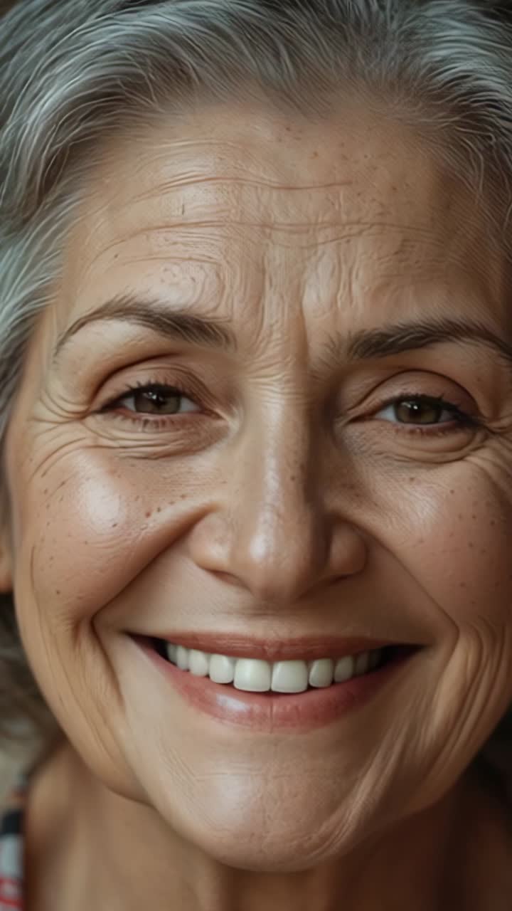 Vertical video: Starting with neutral gaze senior woman shifting into warm smile in softly lit room