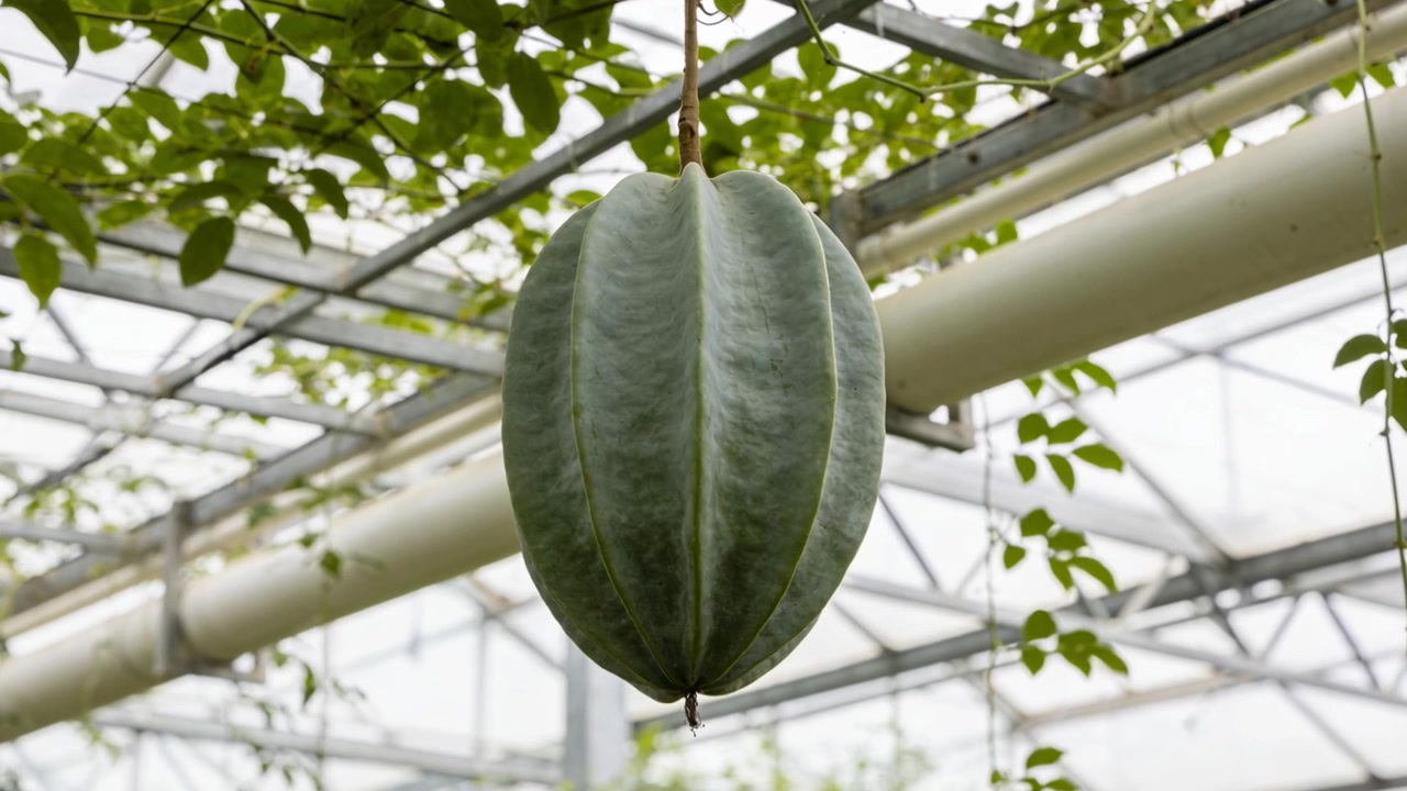 Swaying large green ribbed fruit hanging from trellis in greenhouse, sway causing droplet to detach