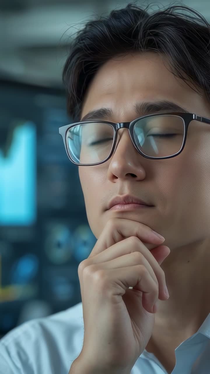 Vertical video: Watching man in blue shirt shifting gaze at desk as charts update, glasses showing