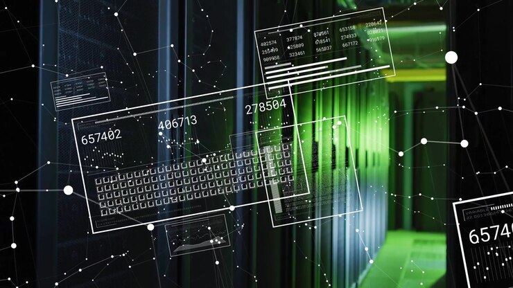 On data pulse HUD panels and keyboard sliding down-left, updating numeric readouts to show network