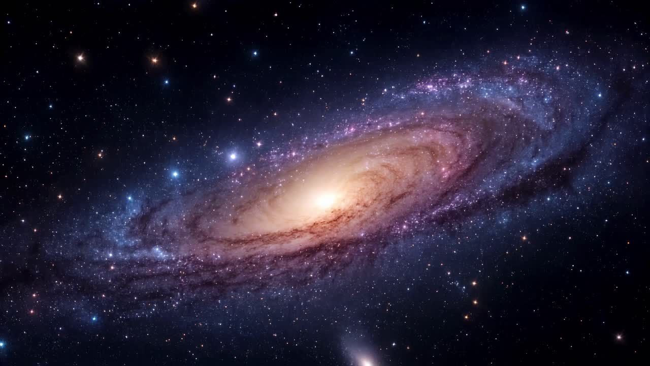 A stunning wide-angle video shot of a spiral galaxy, showcasing its swirling arms and bright core