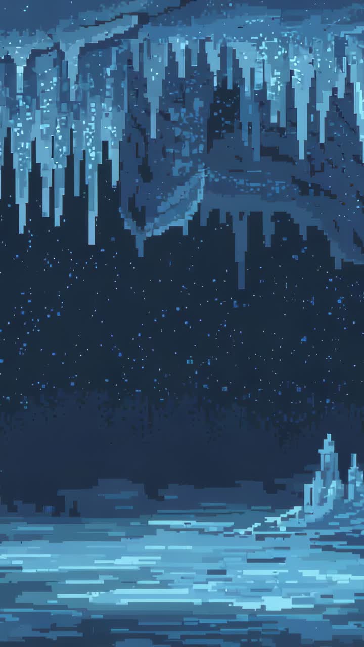 Vertical video: Looping pixel-art cavern showing falling crystals, sparkling icicles, evoking calm