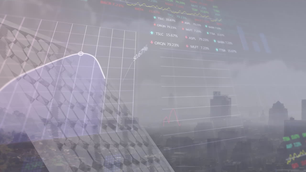 그래프, 거래 보드 및 태양 패널의 애니메이션 현대 도시 풍경과 구름이 가득한 하늘