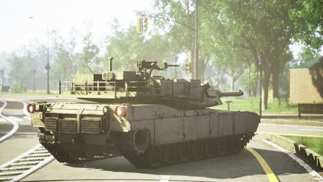 military tank on a city street in bright daylight during afternoon