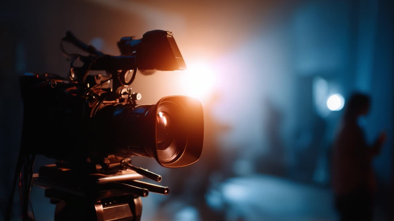 A Professional Video Camera Capturing Moments in a Dimly Lit Studio with Soft Lighting and Depth of Field for High-Quality Filmmaking and Cinematography